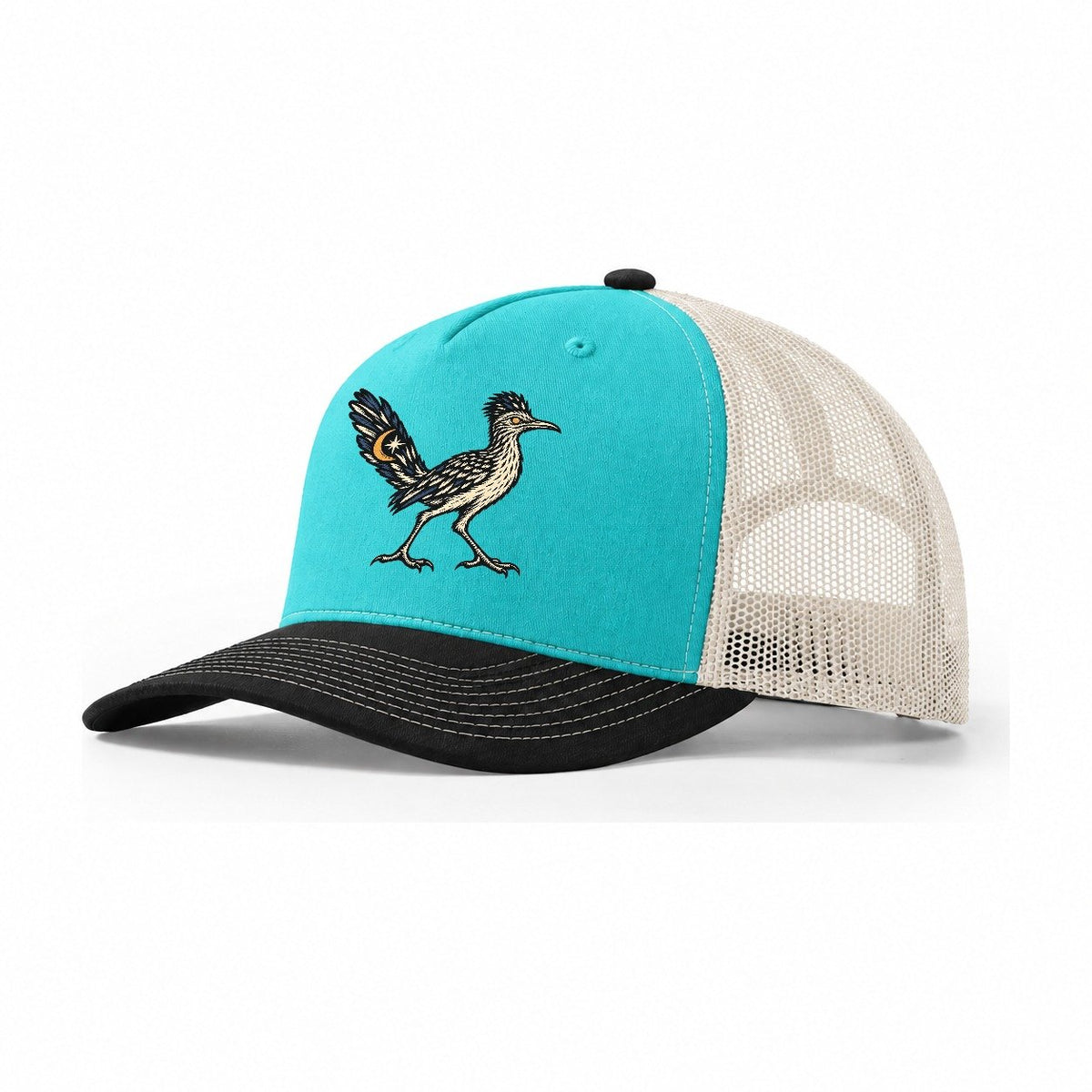 Roadrunner Lantern Eye Sundown Familiars Trucker Hat – Aqua Black White
