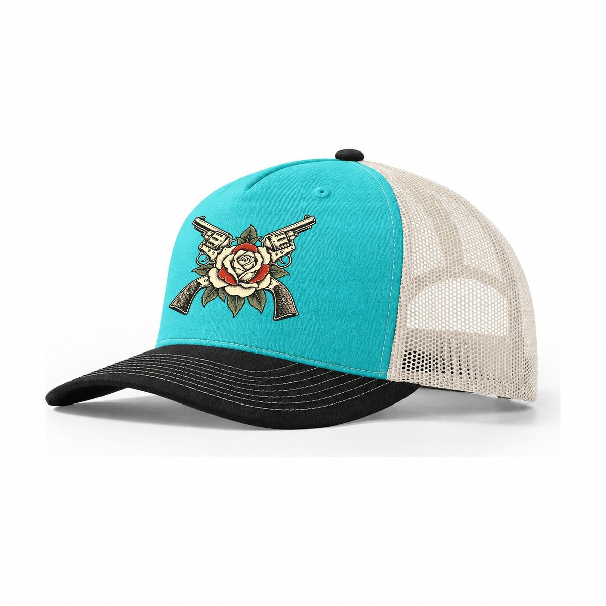 Rose And Steel Flash We Don't Dial 911 Trucker Hat – Aqua Black White