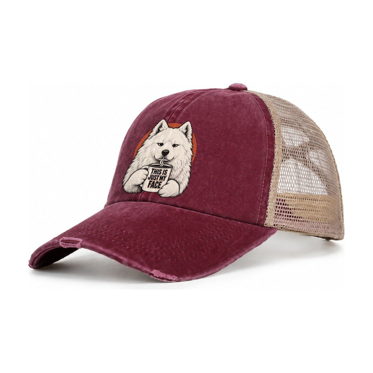 Samoyed Mug Truths Dog Mug Truths Women's Ponytail Trucker Hat – Burgundy Khaki