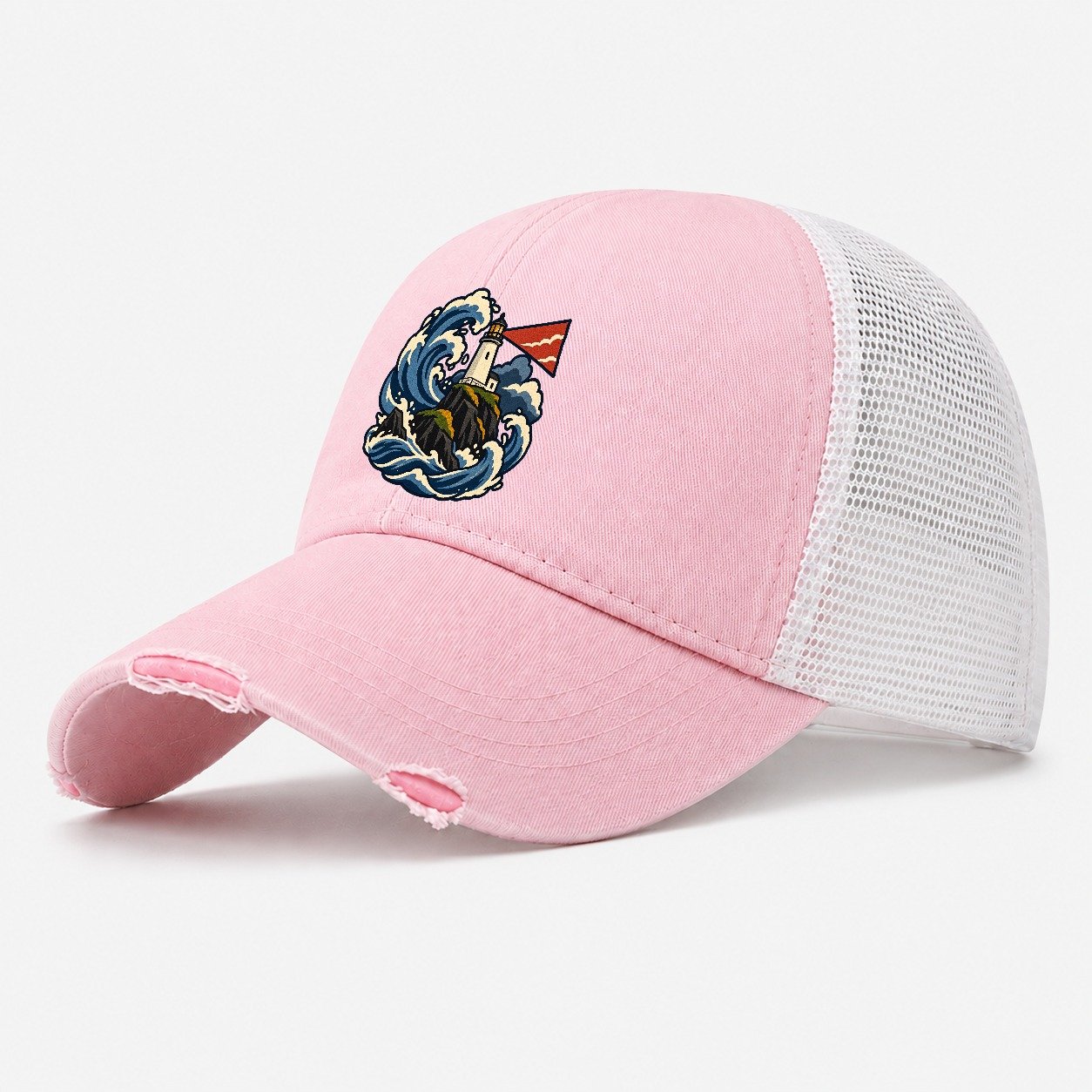 Hebridean Lighthouse And Storm Wave Uk Culture Heritage Washed Trucker Hat – Light Pink
