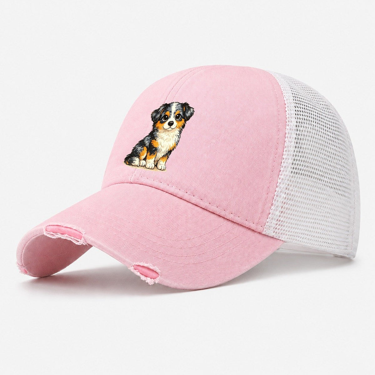 Tricolor Australian Shepherd Puppy Washed Trucker Hat – Light Pink