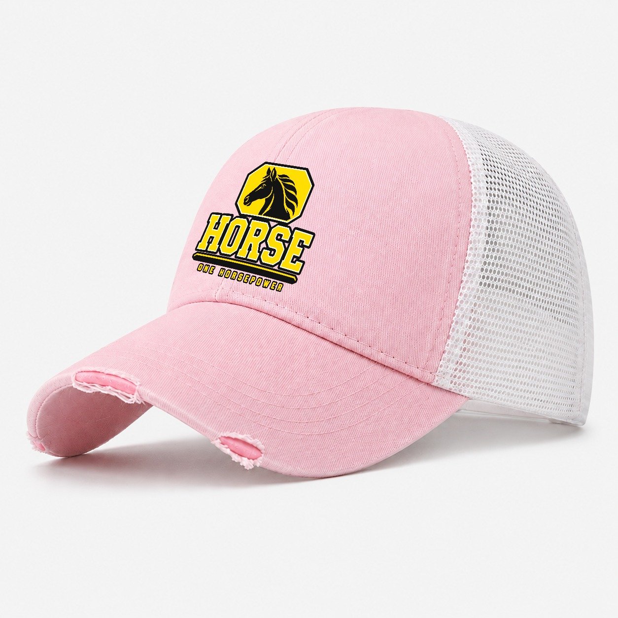 Horse One Horsepower Heavy Duty Washed Trucker Hat – Light Pink