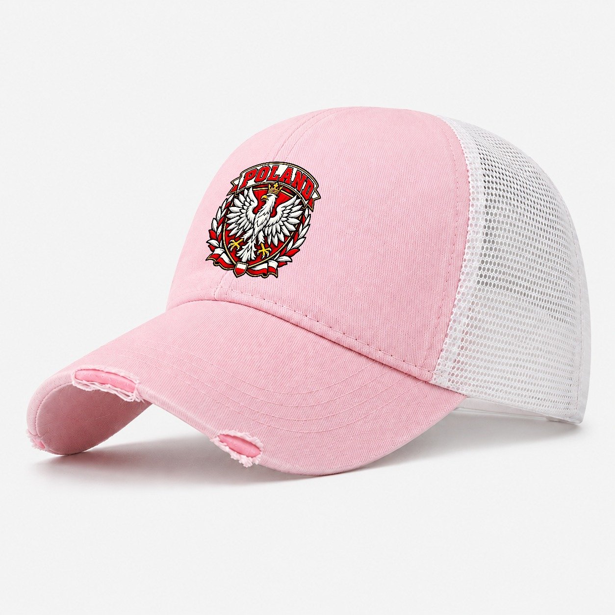 Poland Retro Badge Country Logos Washed Trucker Hat – Light Pink