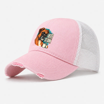 I Never Sit Down Boxer Dog Coffee Washed Trucker Hat – Light Pink