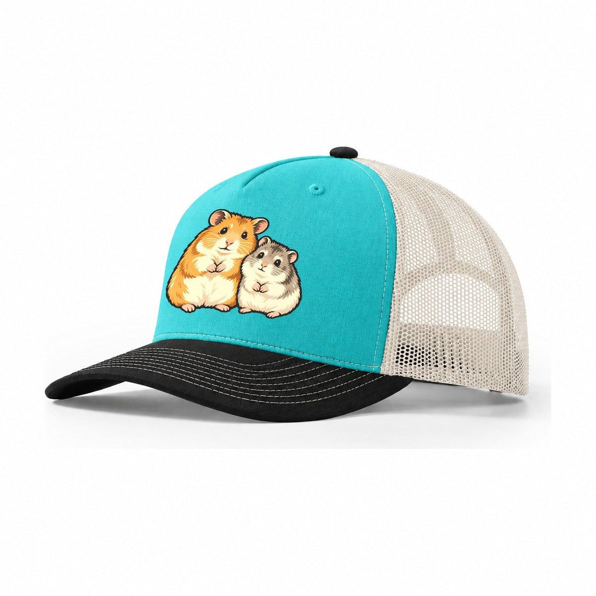 Hamster Sisters Small Pet Logos Trucker Hat – Aqua Black White