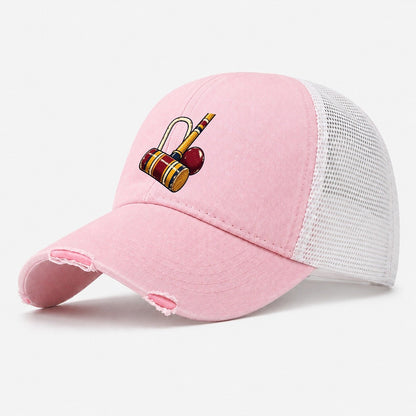 Croquet Mallet Hoop And Burgundy Ball Uk Culture Heritage Washed Trucker Hat – Light Pink