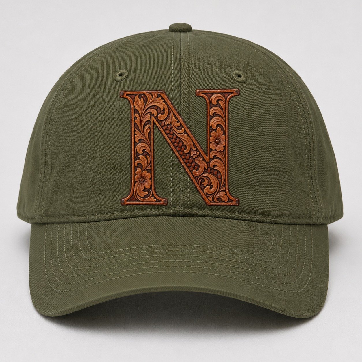 Tooled Leather N Monogram Baseball Cap – Army Green