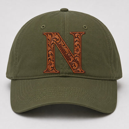 Tooled Leather N Monogram Baseball Cap – Army Green