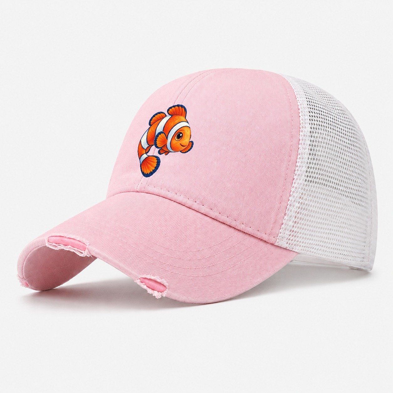 Clownfish Crescent Swim Sea Sprite Washed Trucker Hat – Light Pink
