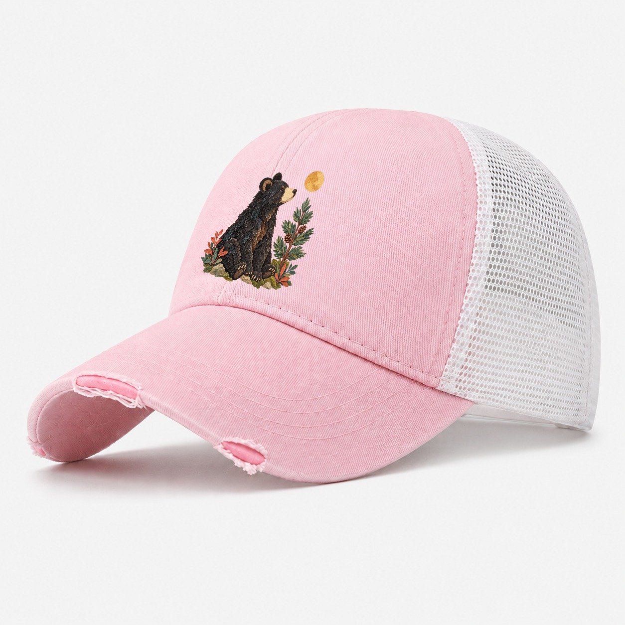 Small Bear Pine Moon Gentle Wild Washed Trucker Hat – Light Pink