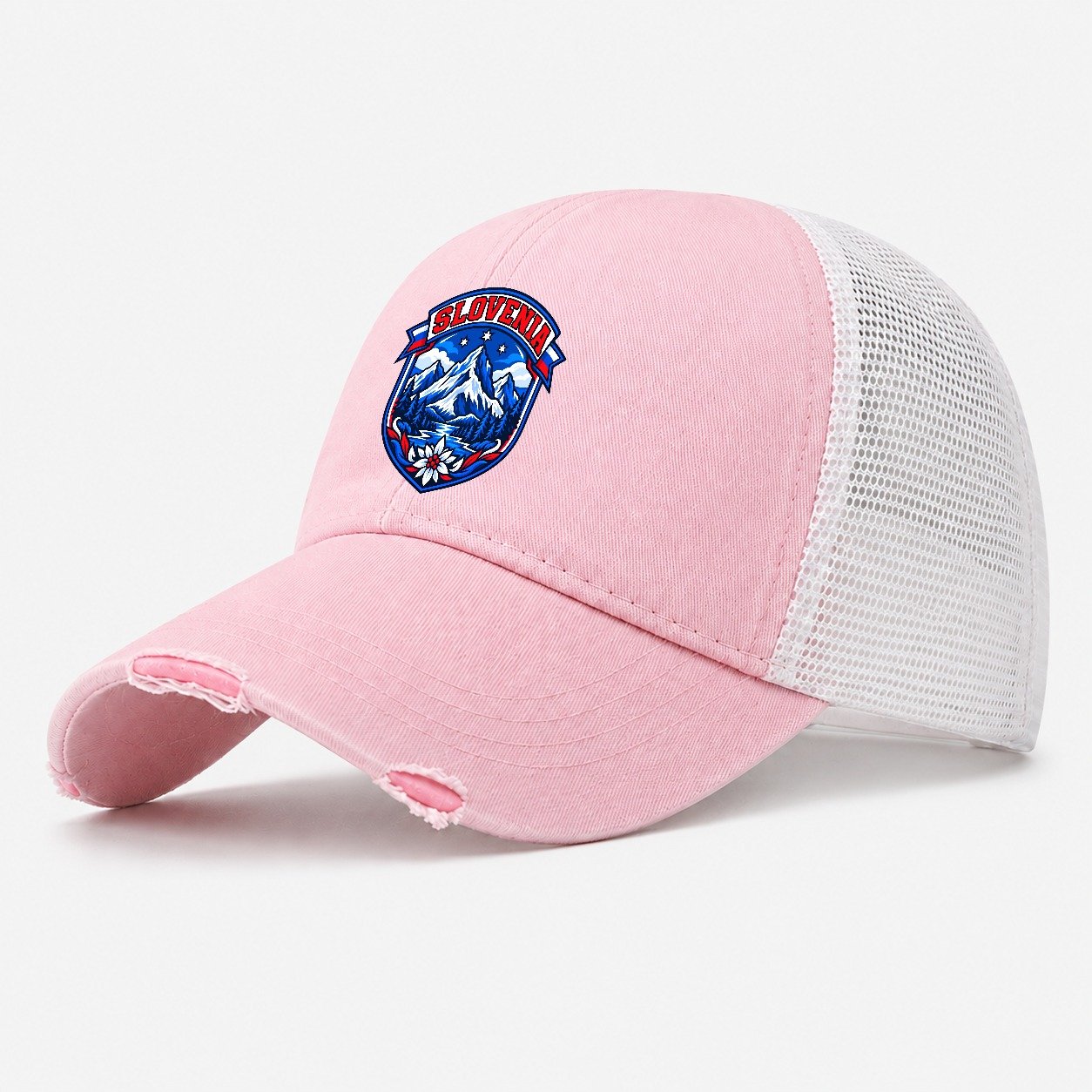 Slovenia Retro Badge Country Logos Washed Trucker Hat – Light Pink