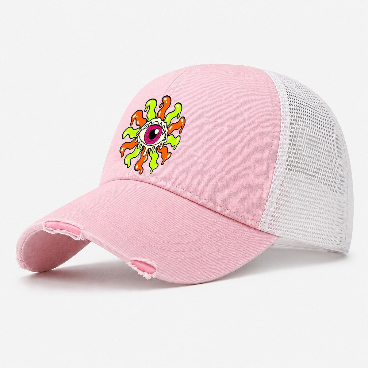 Melting Eye Sunburst Crazy Styles Washed Trucker Hat – Light Pink