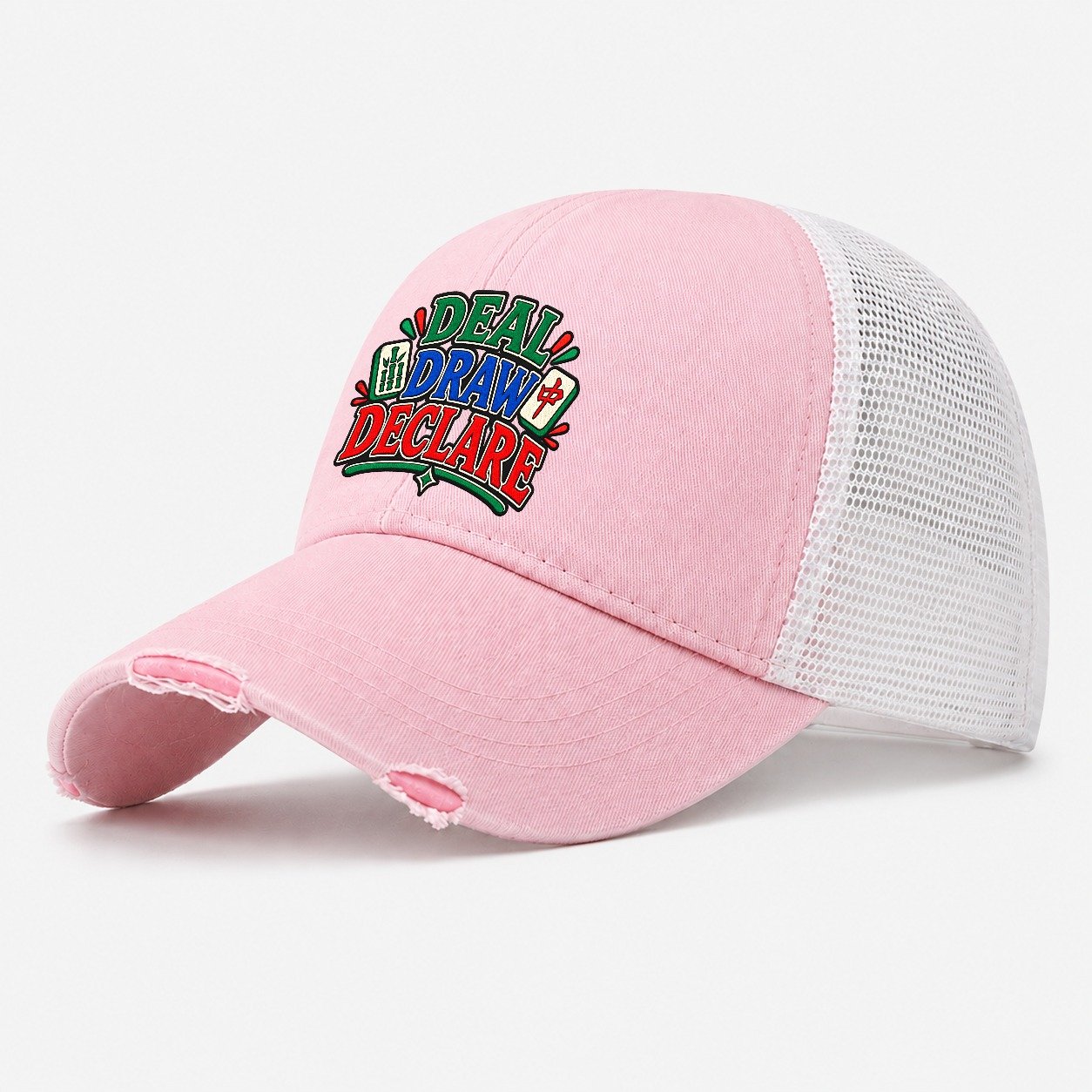 Deal Draw Declare Mahjong Game Night Washed Trucker Hat – Light Pink