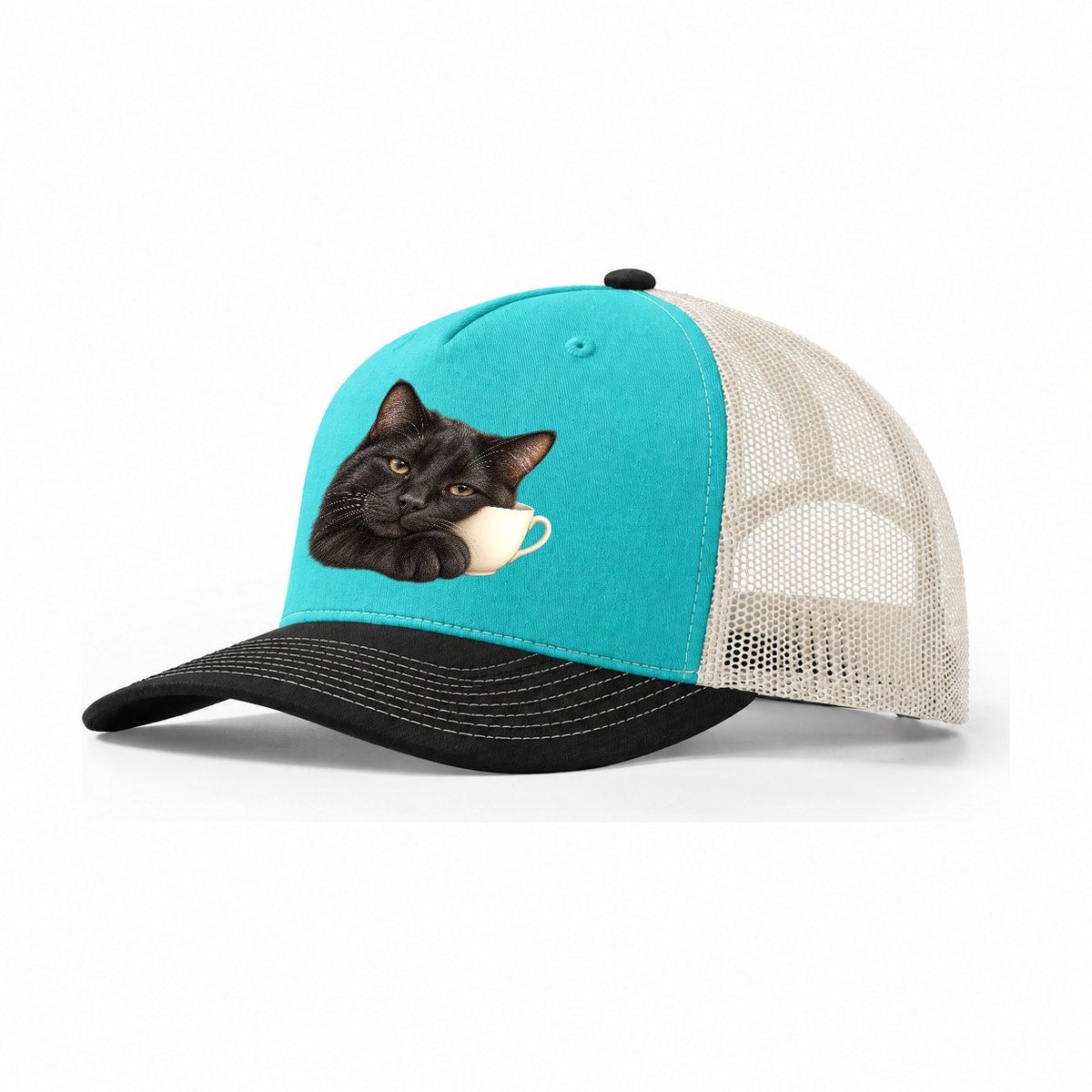 Black Cat Teacup Companion Pastimes Companions Trucker Hat – Aqua Black White