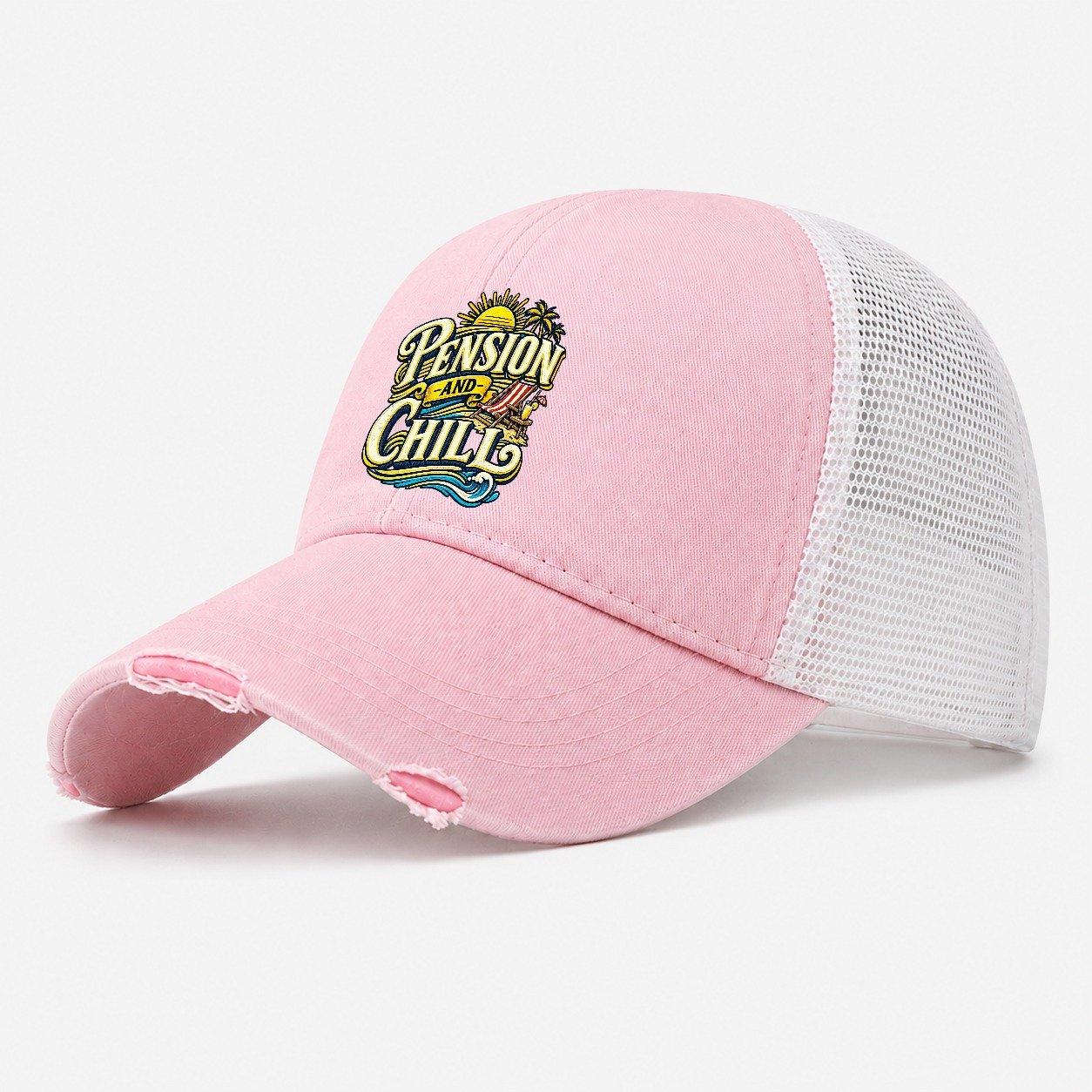 Pension And Chill Retired Living Washed Trucker Hat – Light Pink