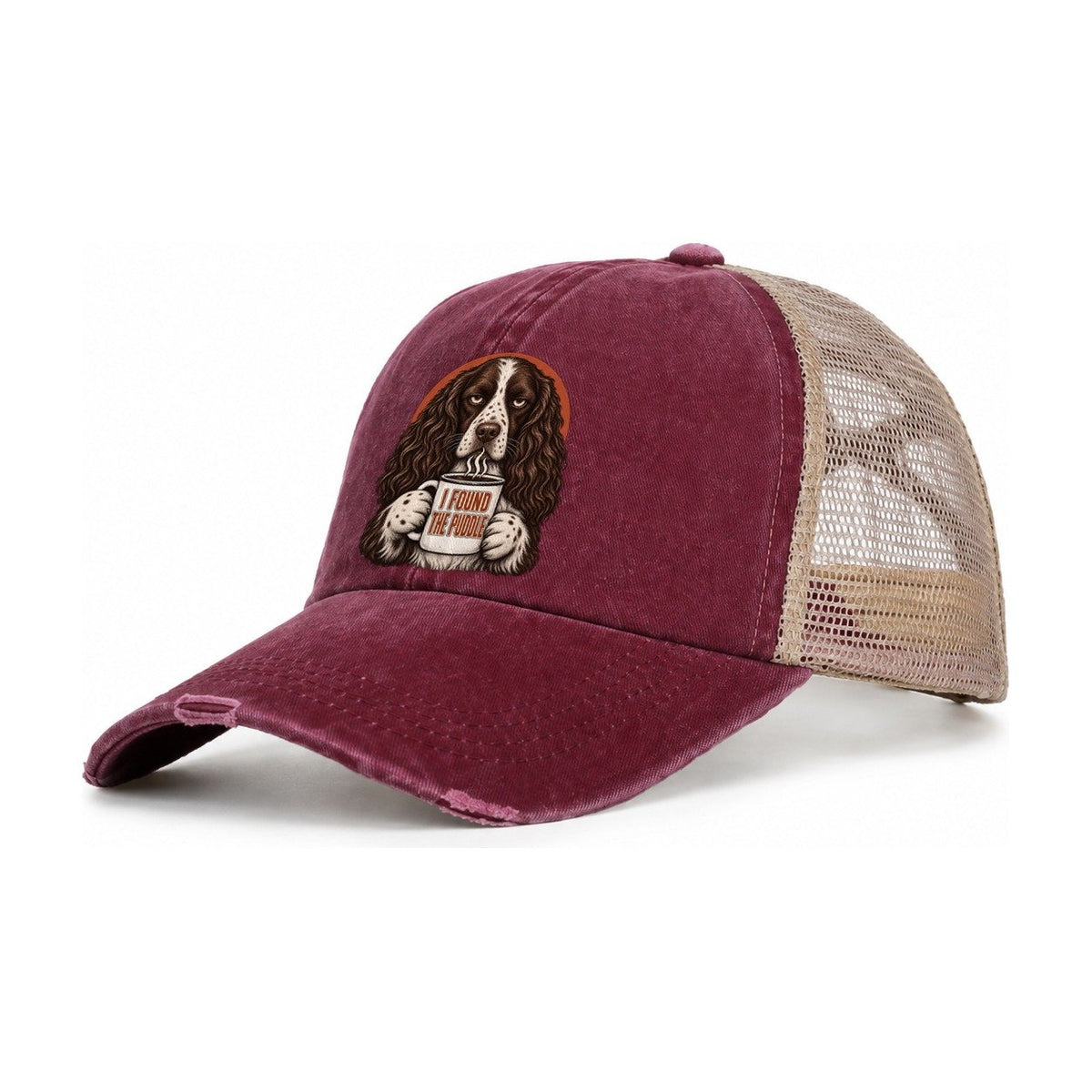 English Springer Spaniel Mug Truths Dog Mug Truths Women's Ponytail Trucker Hat – Burgundy Khaki