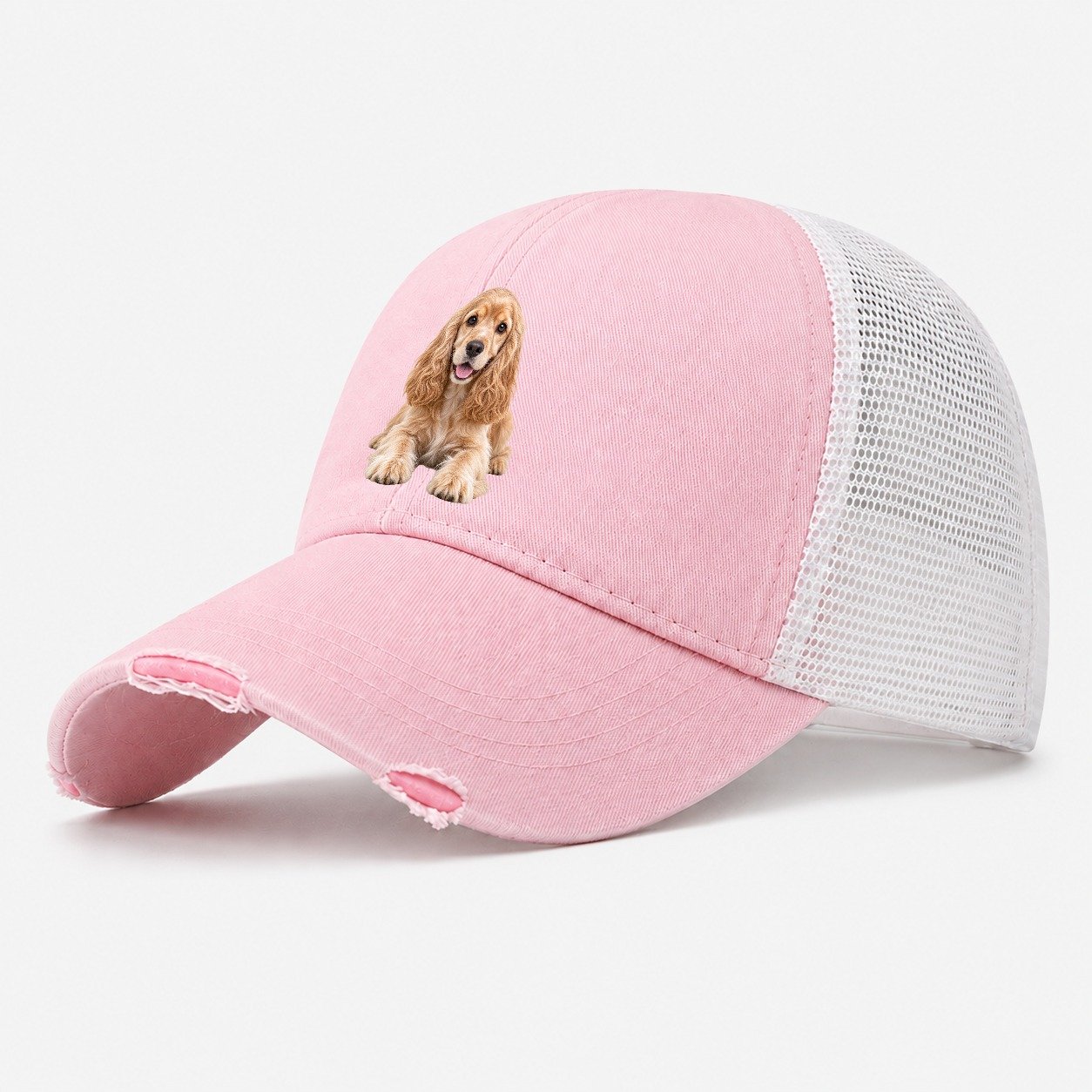 Cocker Spaniel Lying Down Top Breeds Washed Trucker Hat – Light Pink