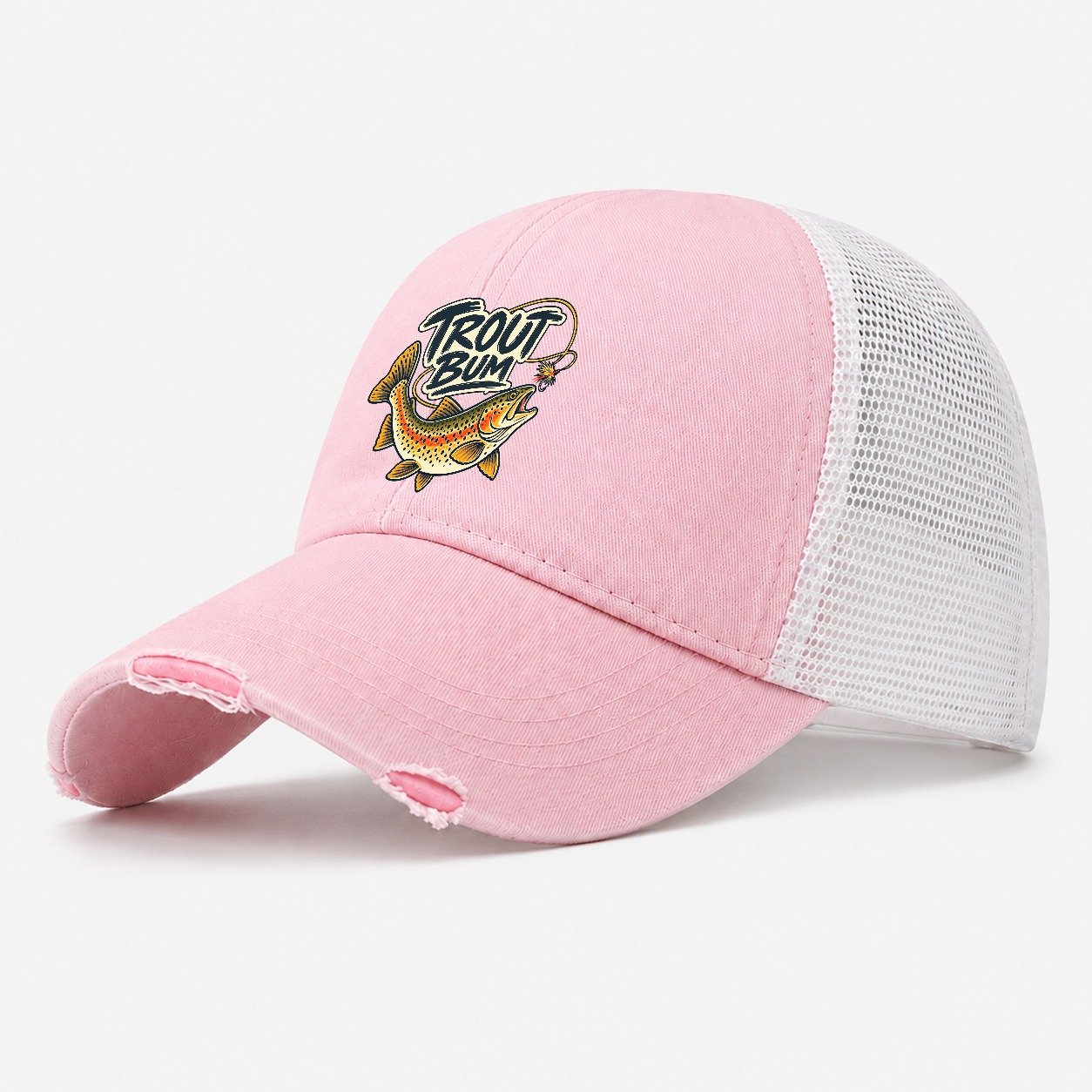 Trout Bum Fishing Elegant Washed Trucker Hat – Light Pink