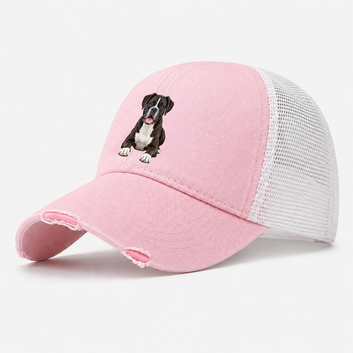 Black Reverse Brindle Boxer Washed Trucker Hat – Light Pink