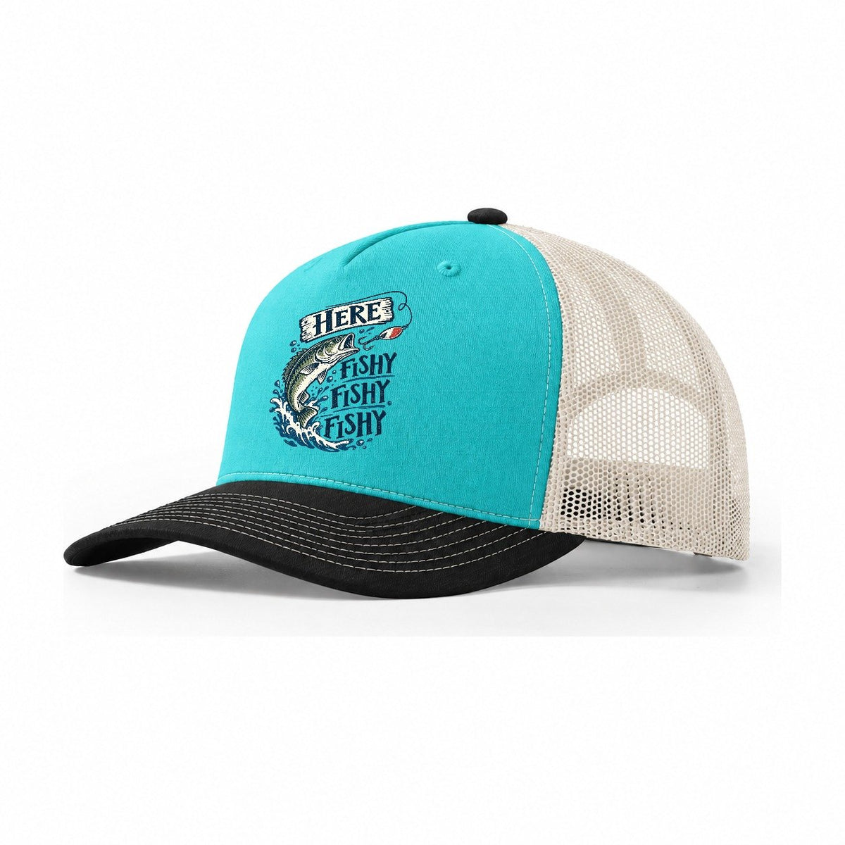 Here Fishy Fishy Bass Splash Trucker Hat – Aqua Black White
