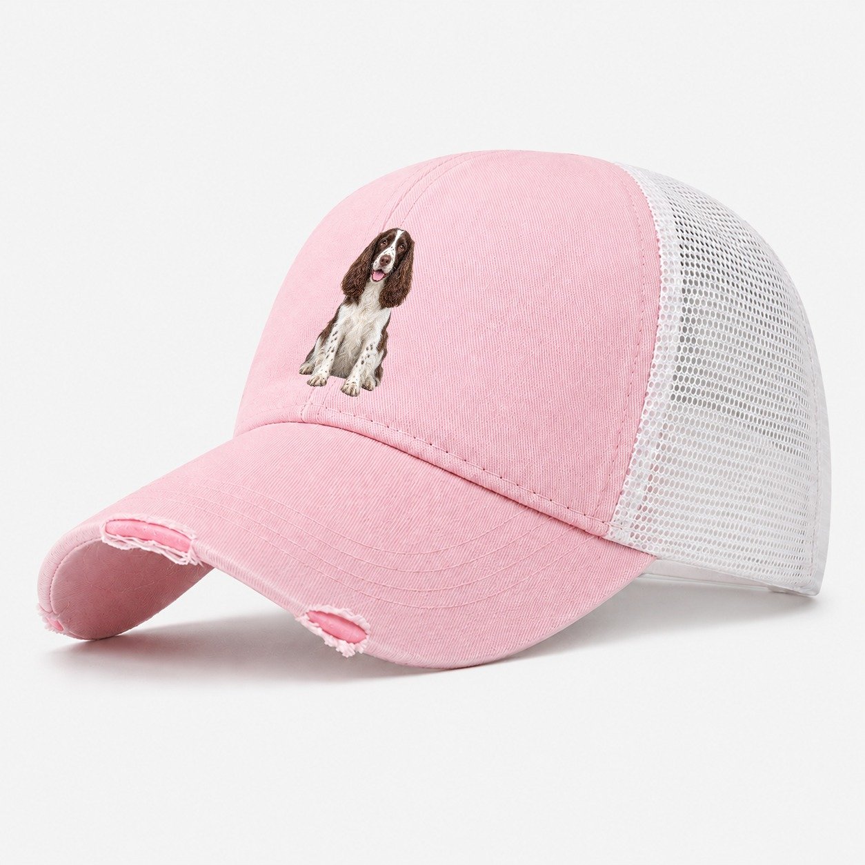 English Springer Spaniel Sitting Top Breeds Washed Trucker Hat – Light Pink