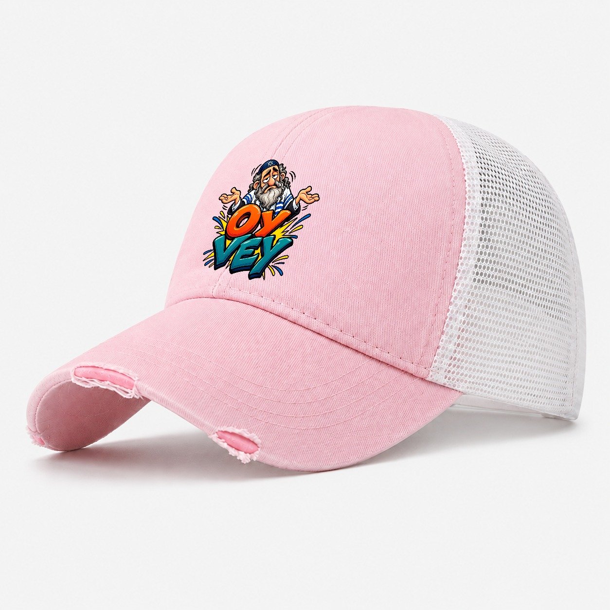 Oy Vey Drama Judaism Heritage Washed Trucker Hat – Light Pink