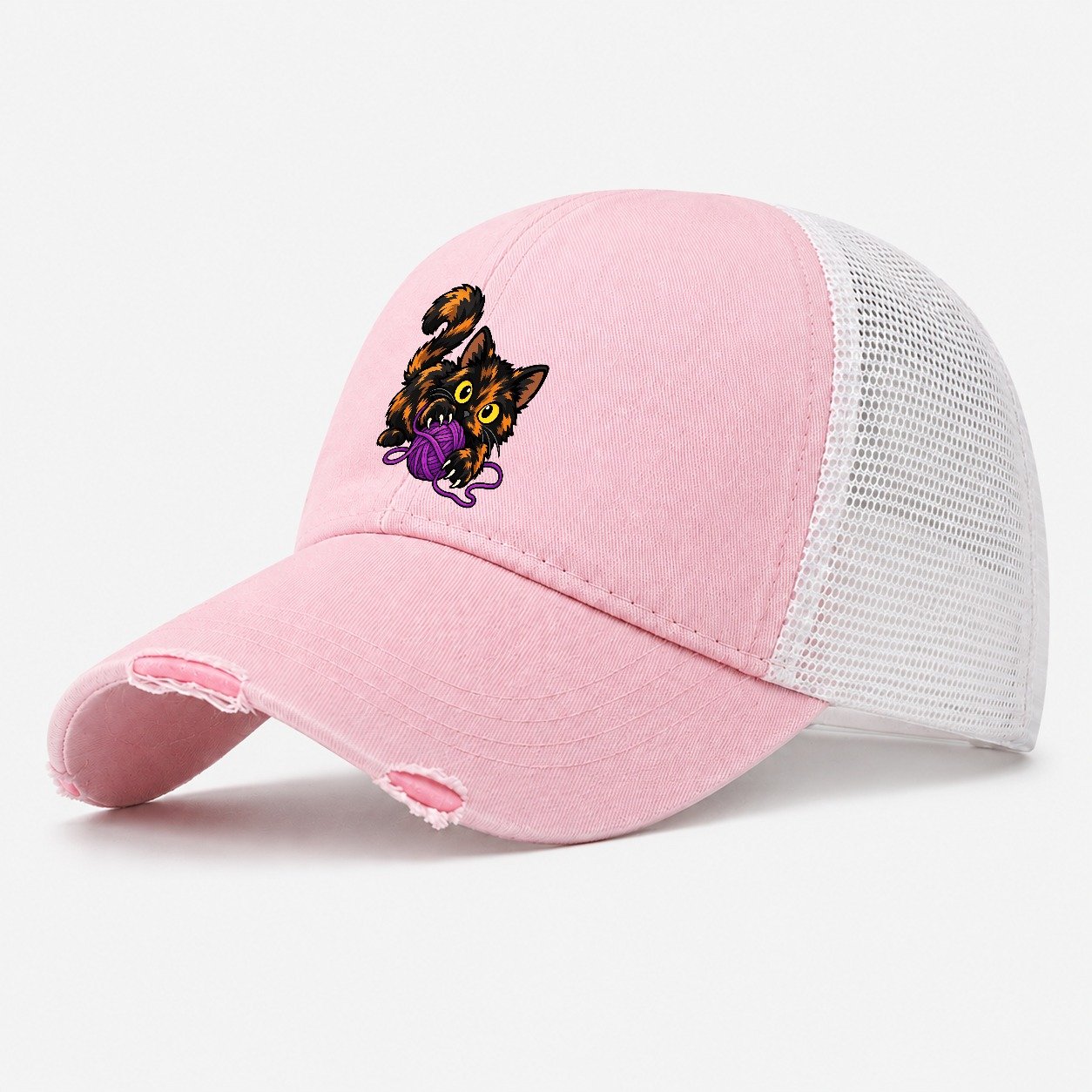 Tortoiseshell Playing Yarn Peeking Cats Washed Trucker Hat – Light Pink