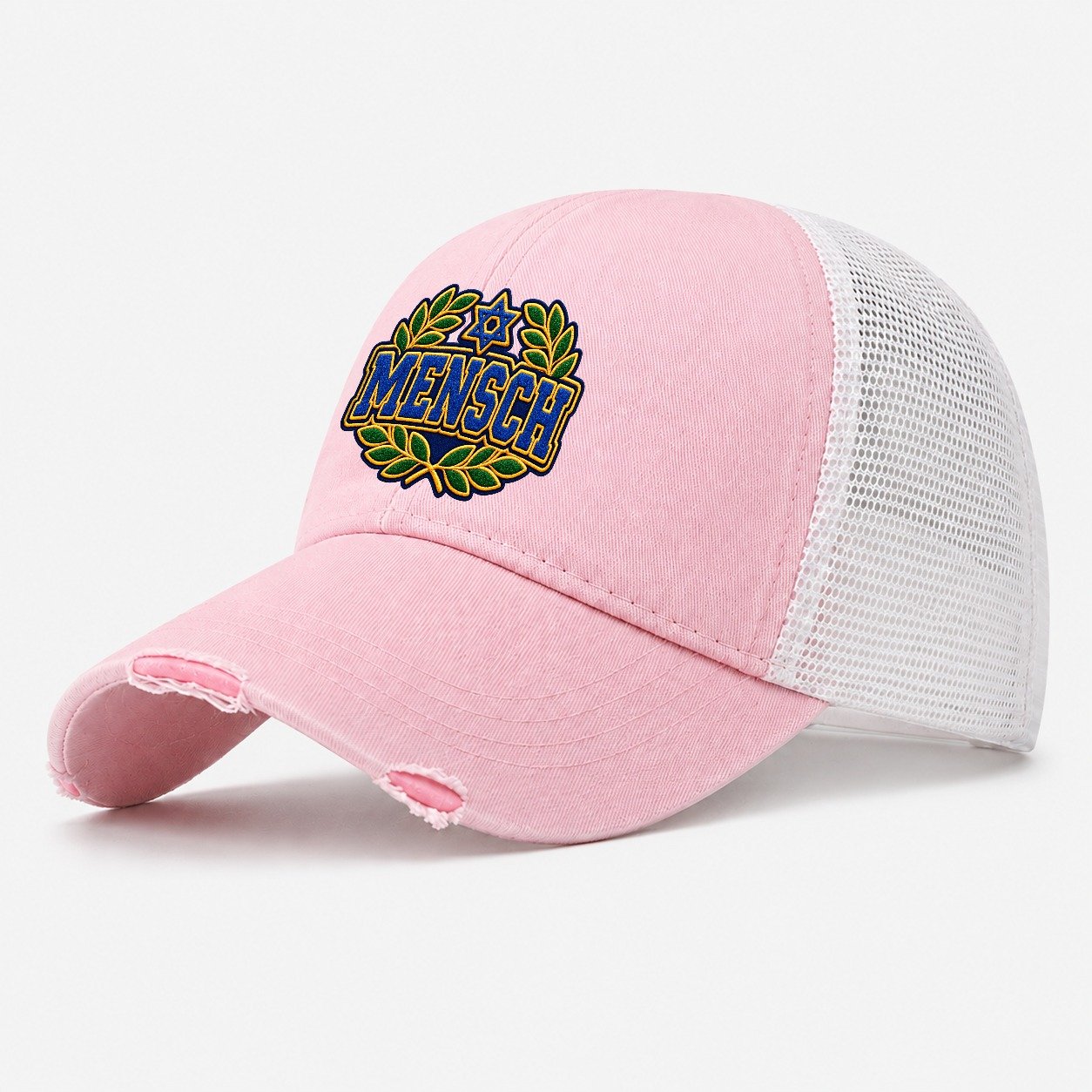 Mensch Badge Judaism Heritage Washed Trucker Hat – Light Pink