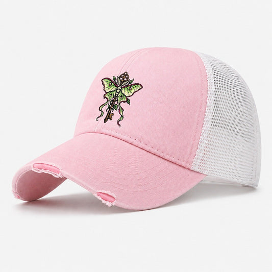 Luna Moth Over An Iron Key Witch Magic Washed Trucker Hat – Light Pink