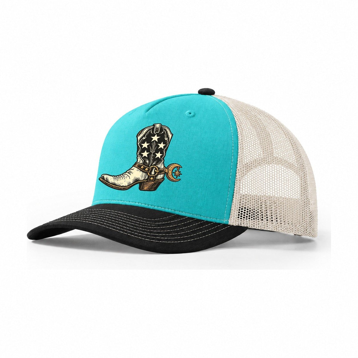 Star Studded Boot Sundown Familiars Trucker Hat – Aqua Black White