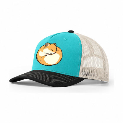 Hamster Curl Nap Small Pet Logos Trucker Hat – Aqua Black White