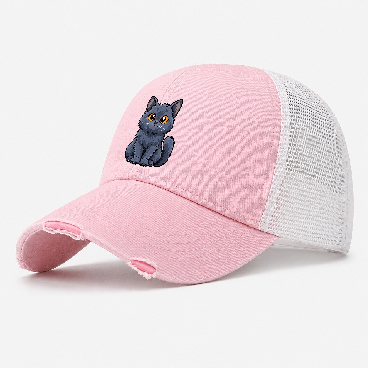 Chartreux Smiling Sit Peeking Cats Washed Trucker Hat – Light Pink