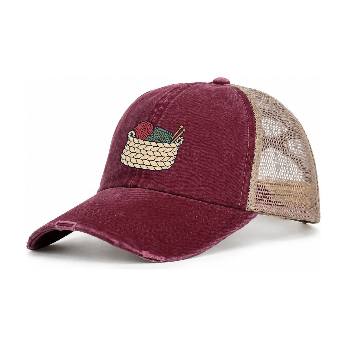 Unfinished Project Basket Yarn Crafts Women's Ponytail Trucker Hat – Burgundy Khaki