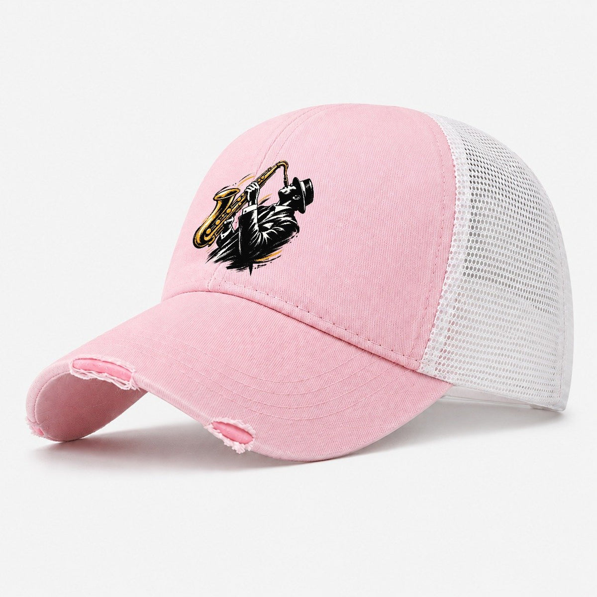 Expressive Ink Jazz Saxophonist Washed Trucker Hat – Light Pink
