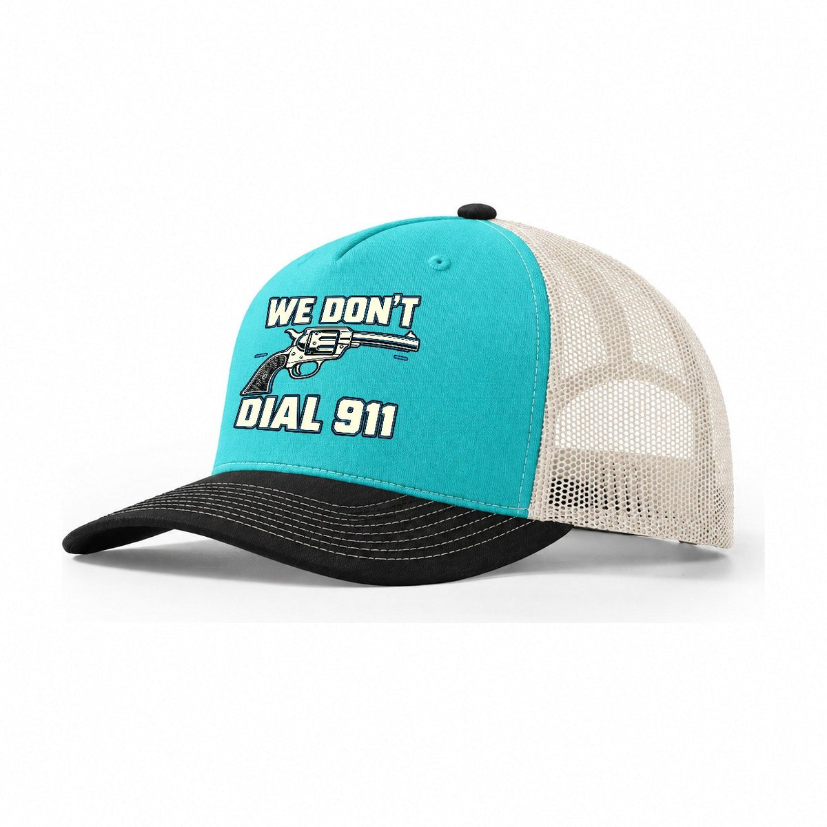Technical Grid We Don't Dial 911 Trucker Hat – Aqua Black White
