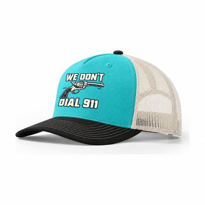 Technical Grid We Don't Dial 911 Trucker Hat – Aqua Black White