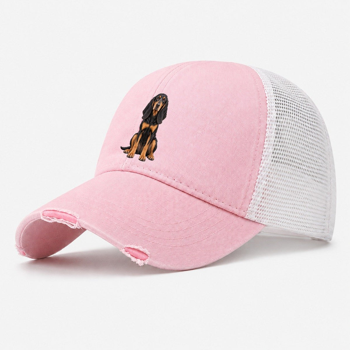 Black And Tan Coonhound Washed Trucker Hat – Light Pink