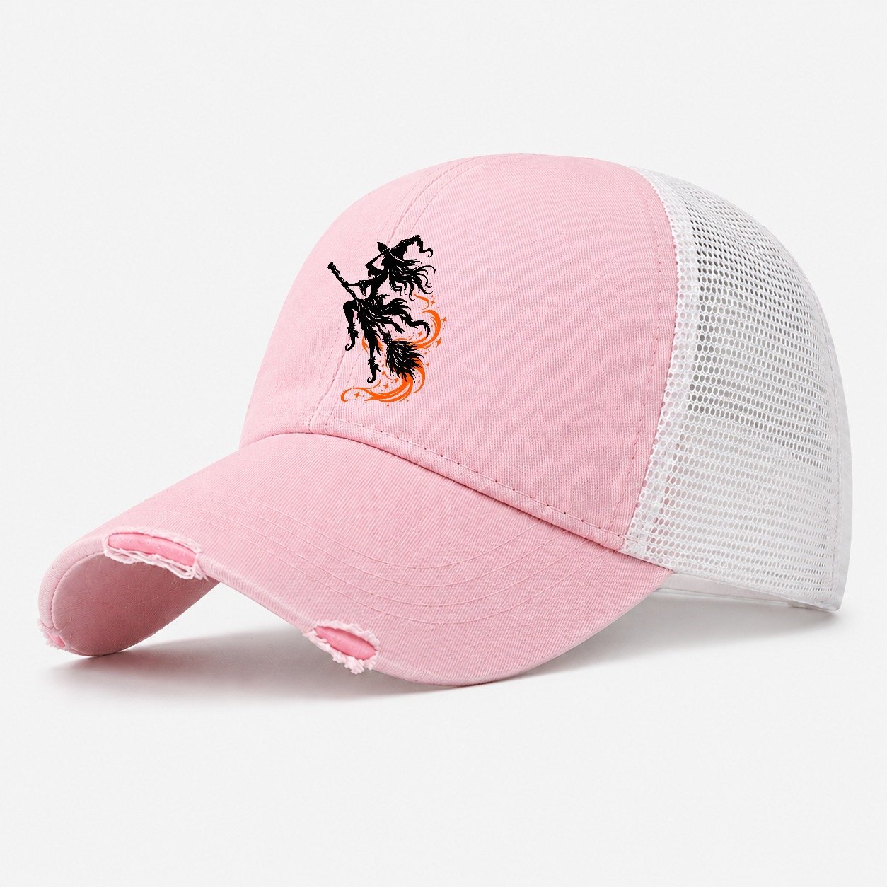 Airborne Witch On A Broom Witch Magic Washed Trucker Hat – Light Pink
