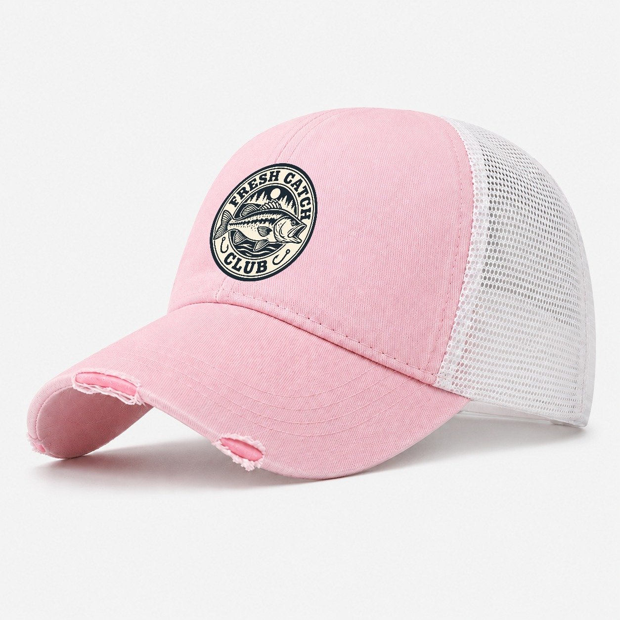 Fresh Catch Club Fishing Elegant Washed Trucker Hat – Light Pink