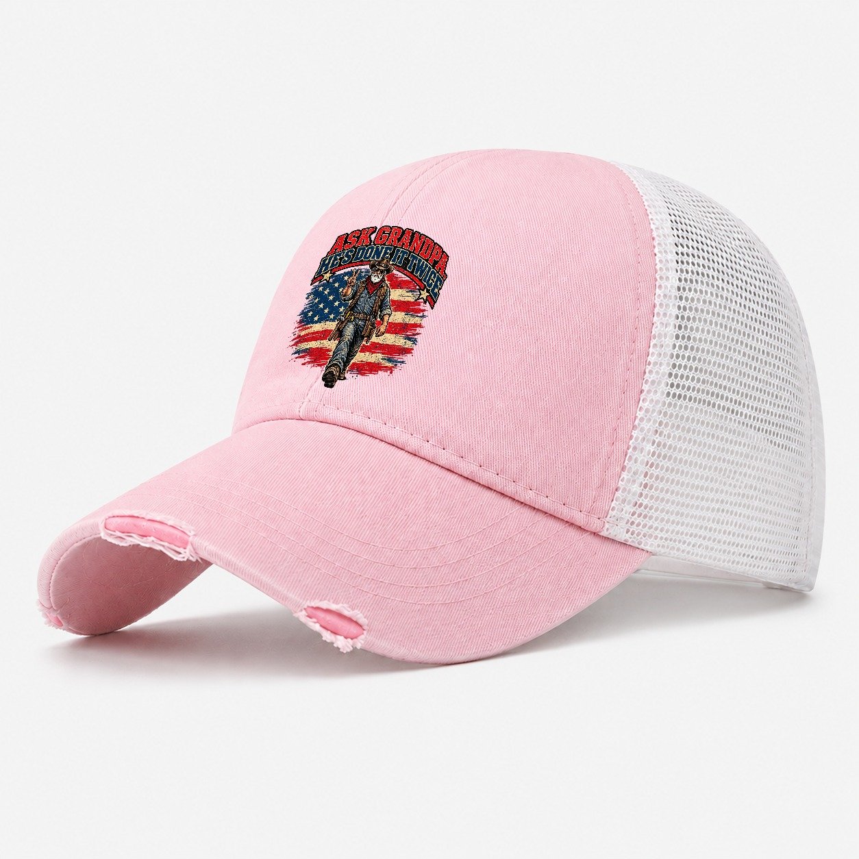 Ask Grandpa He S Done It Twice Old Man Strong Washed Trucker Hat – Light Pink