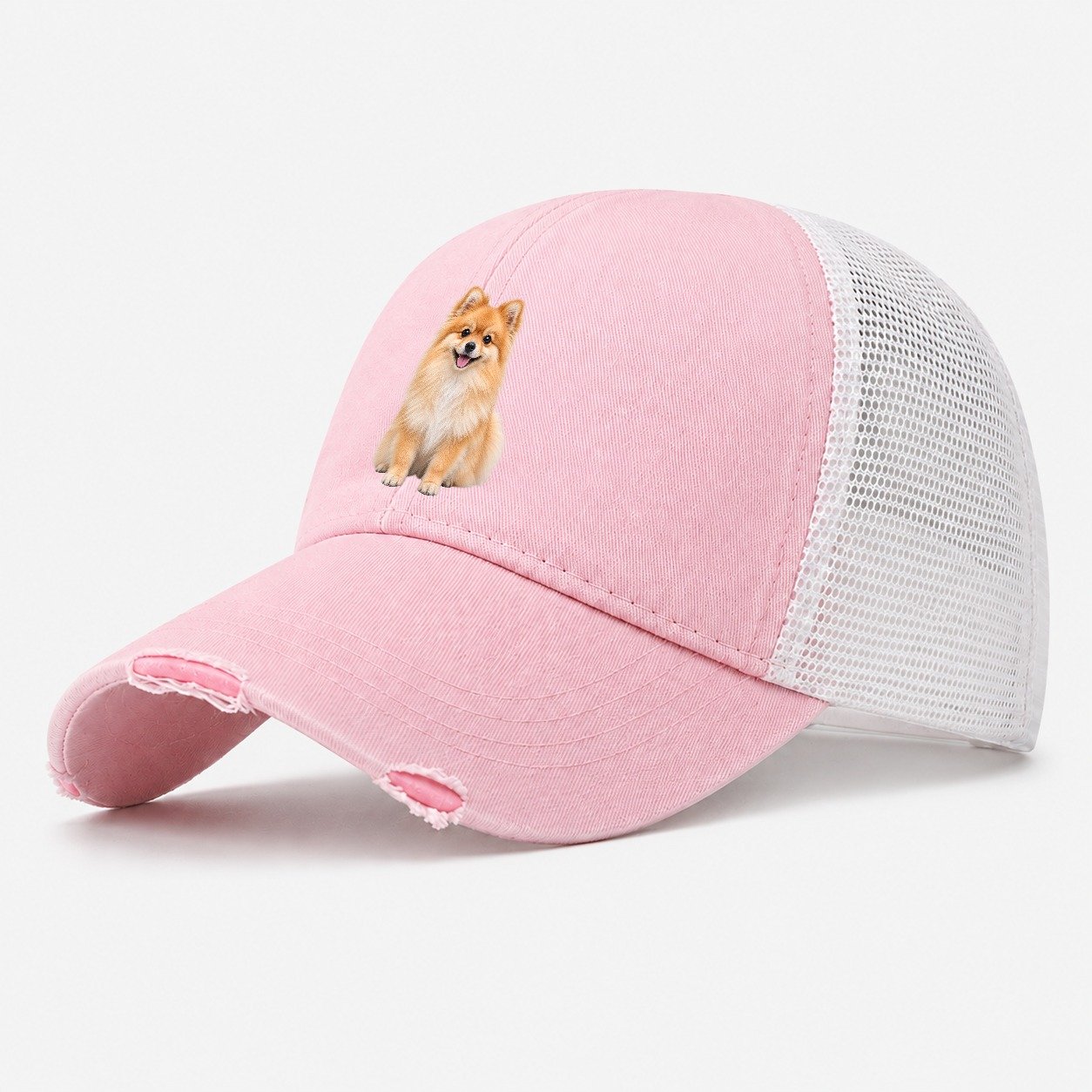 Pomeranian Sitting Top Breeds Washed Trucker Hat – Light Pink