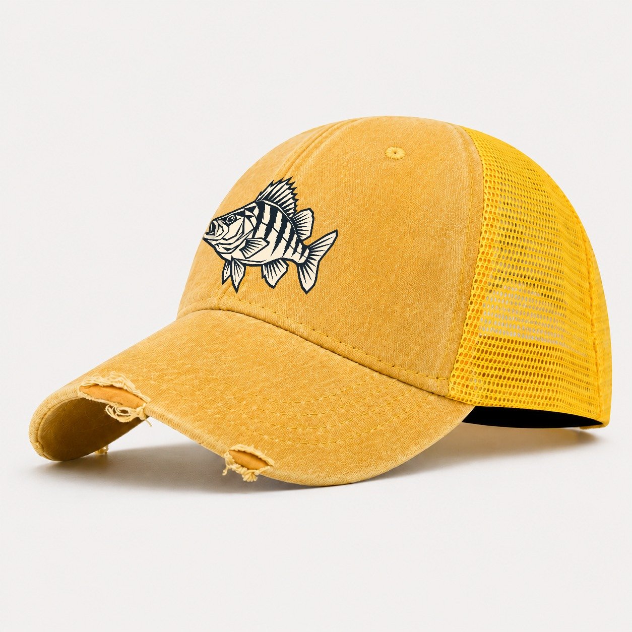 Geometric Perch Fishing Elegant Washed Trucker Hat – Yellow