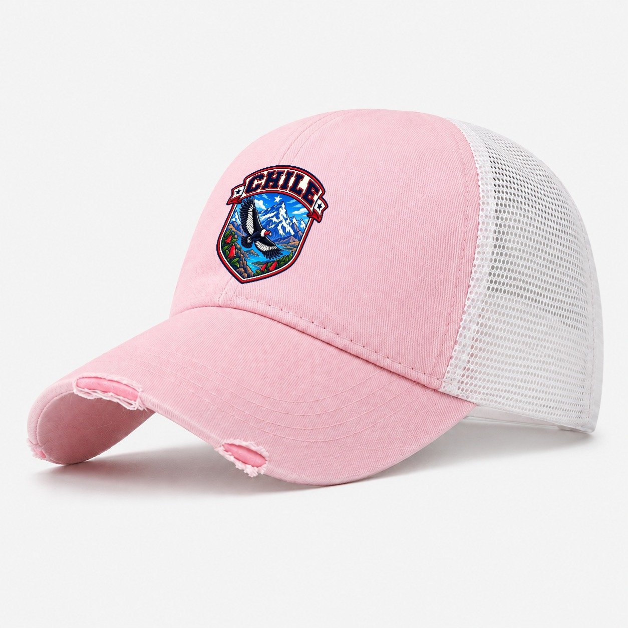 Chile Retro Badge Country Logos Washed Trucker Hat – Light Pink