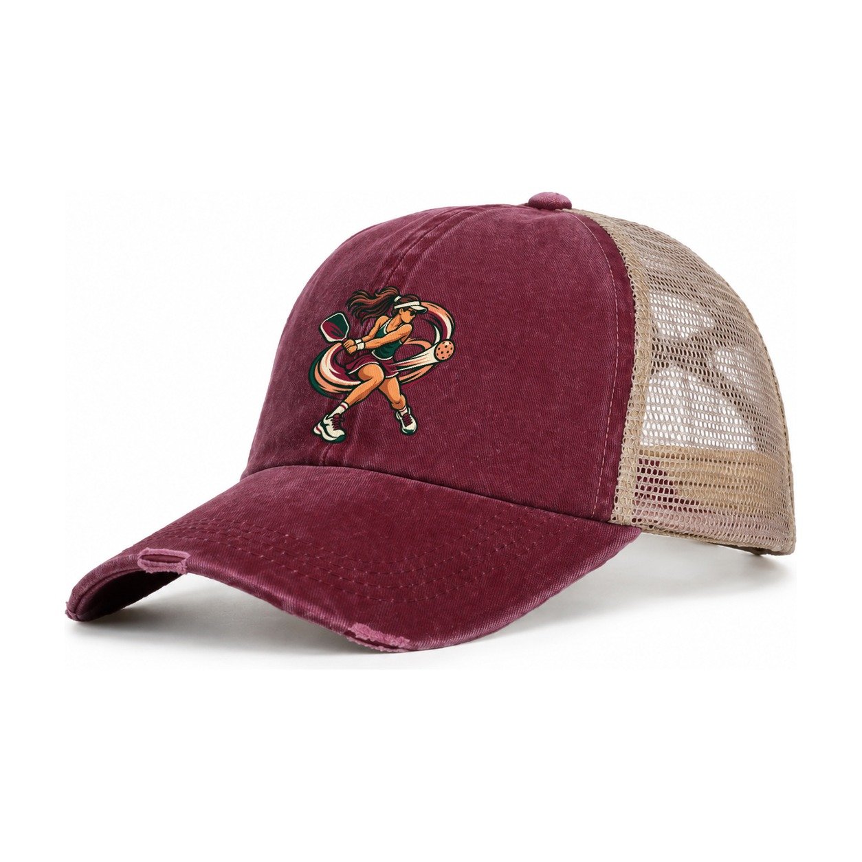 Backhand Winner Pickleball Life Women's Ponytail Trucker Hat – Burgundy Khaki