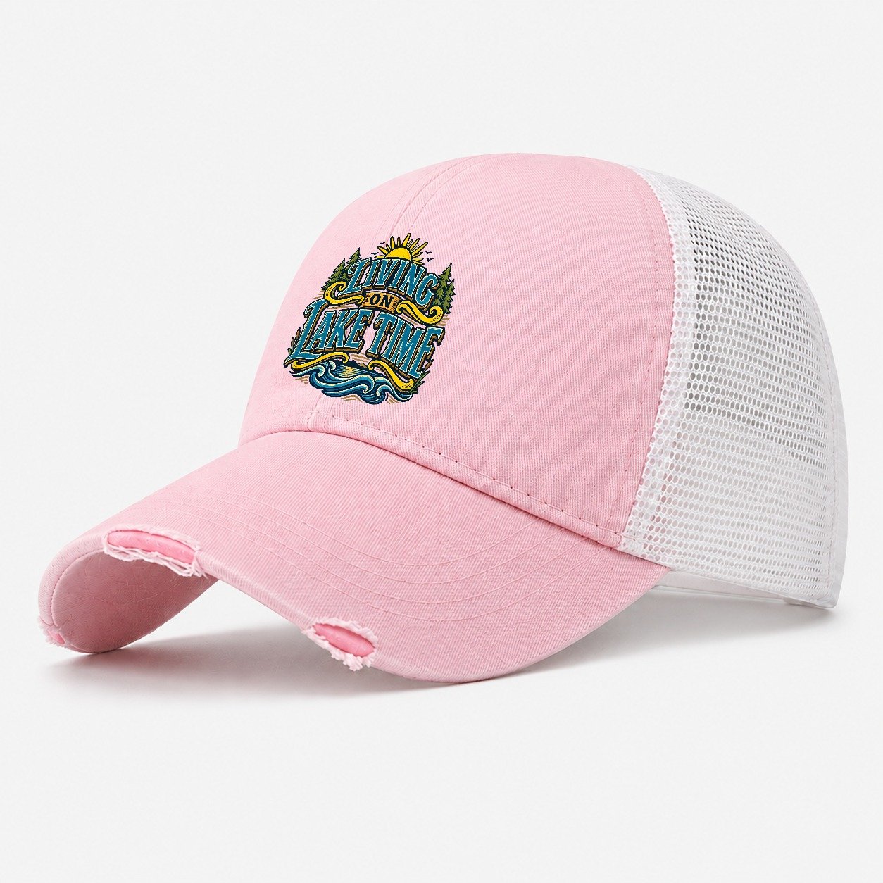 Living On Lake Time Retired Living Washed Trucker Hat – Light Pink
