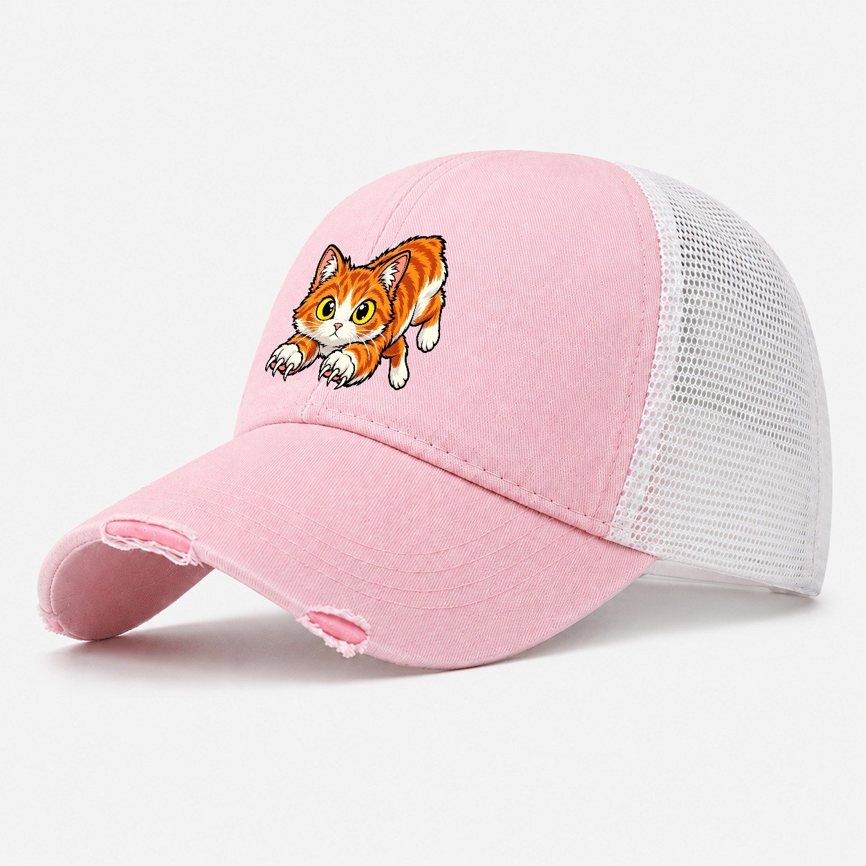 Manx Hopping Peeking Cats Washed Trucker Hat – Light Pink