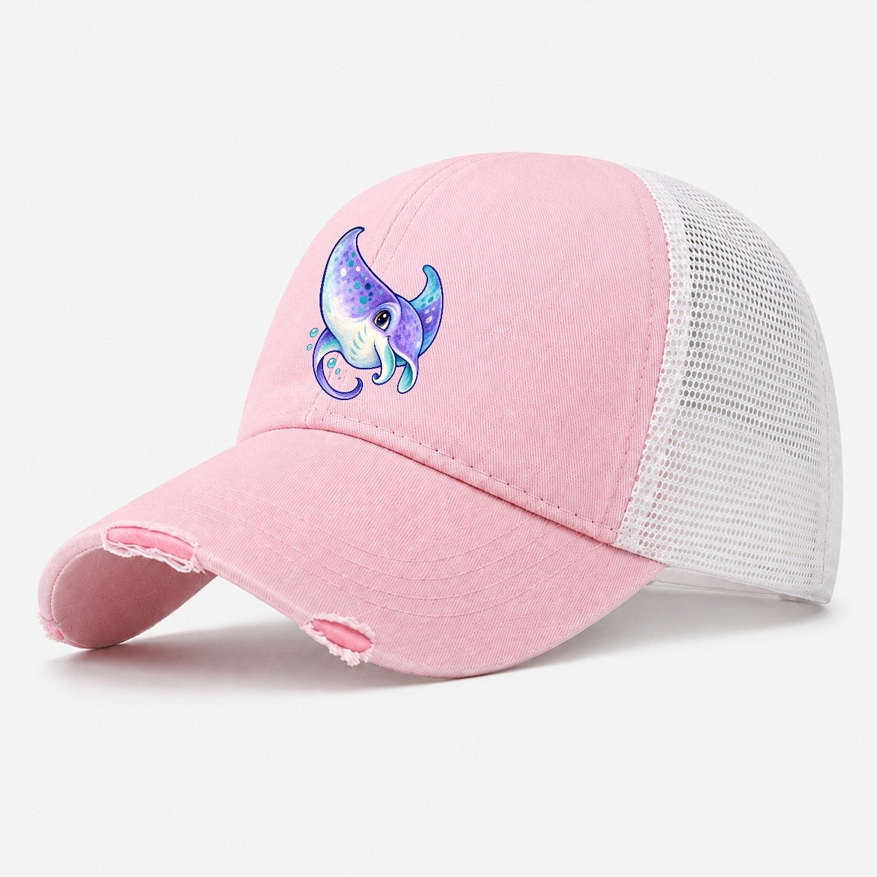 Manta Ray Barrel Turn Sea Sprite Washed Trucker Hat – Light Pink