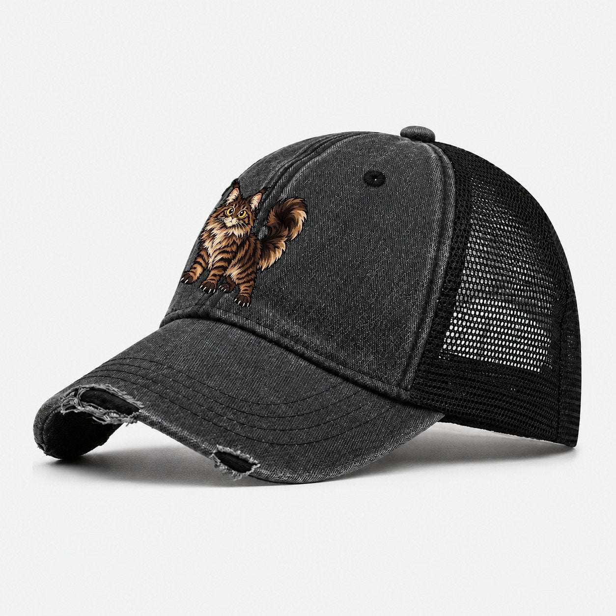 Maine Coon Standing Proud Peeking Cats Washed Trucker Hat – Black