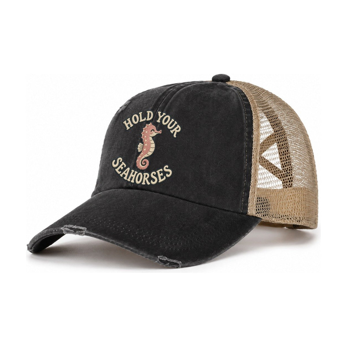 Seahorse Animal Puns Women's Ponytail Trucker Hat – Washed Black Khaki