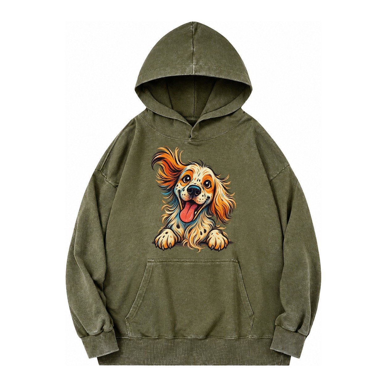 English Springer Spaniel Vintage Washed Hoodie – Army Green